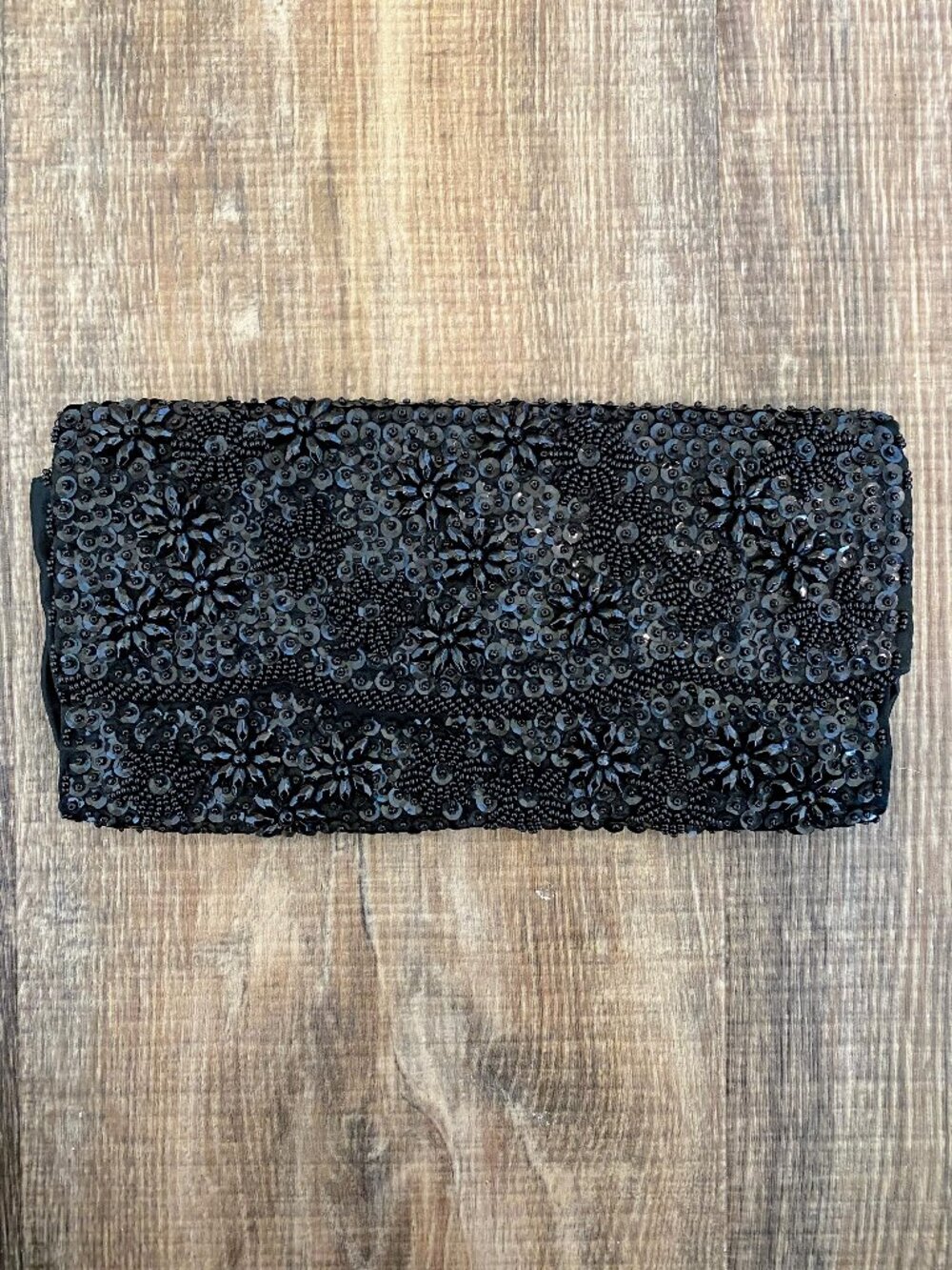 Vintage Black Beaded Clutch Purse / 80s / Floral Design